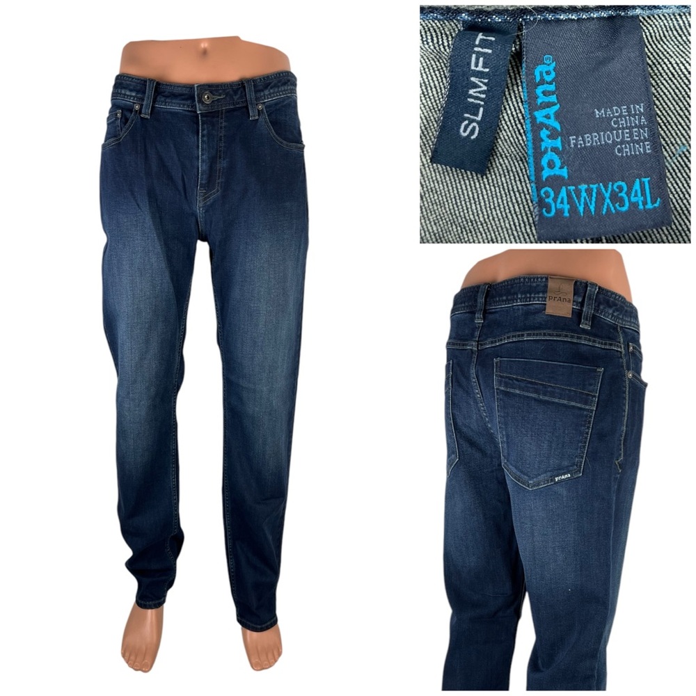 prAna Manchester Jeans Mens 34 x 34 Blue Slim Fit Denim Stretch Organic EUC